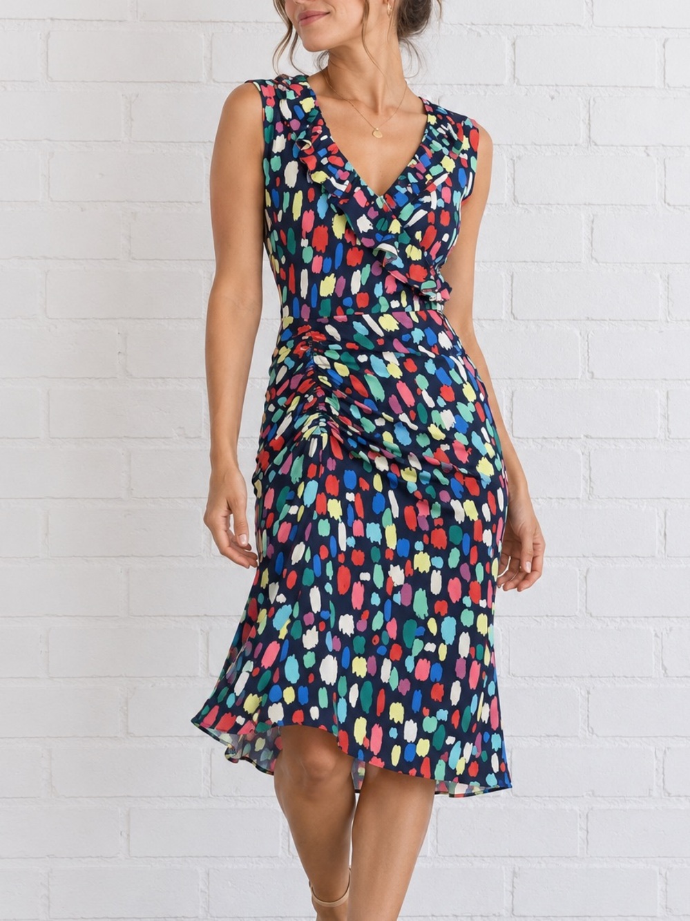Maggy London Dress 6 Colorful Abstract Print Ruched Ruffle Midi Dopamine Artsy